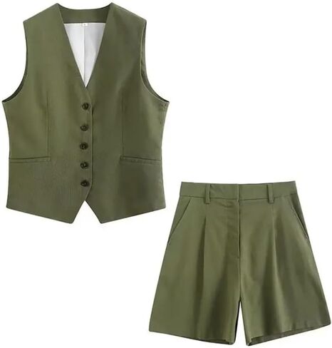 Women's Two-Piece Retro V-Neck Vest Striped Wide-Leg Straight Pants Suit in Saudi Arabia