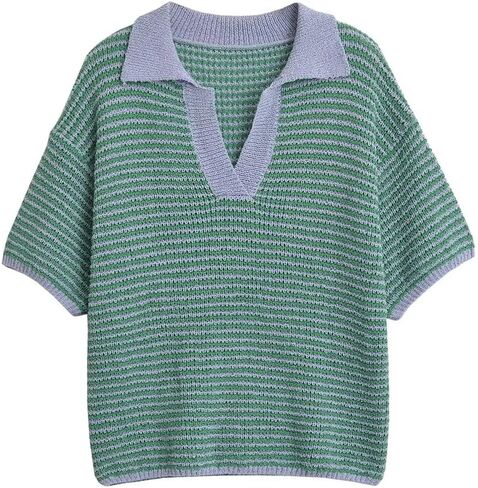 Women's Two-Piece High Waist Knitted Drawstring Shorts Lapel Striped Top Suit in Saudi Arabia