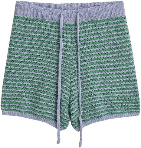Women's Two-Piece High Waist Knitted Drawstring Shorts Lapel Striped Top Suit in Saudi Arabia