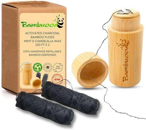 Vegan Biodegradable Activated Charcoal Bamboo Dental Floss. Candelilla Wax & Peppermint. Handmade Refillable Organic Bamboo Dispenser,. Zero Waste Oral Care (Dispenser +2 Refills) in Saudi Arabia