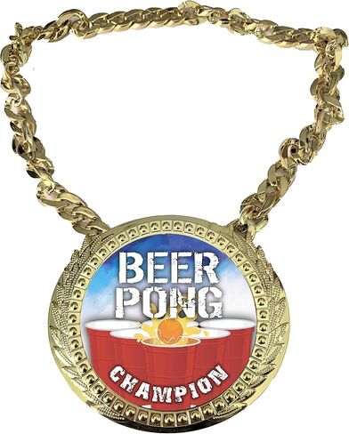 Express Medals Custom Beer Pong Champ Chain Trophy with 2 Lines of Personalized Text on a Large Rigid Plastic Award Medal and 34 Inch Long Gold Color Neck Chain. Beerpong in Saudi Arabia