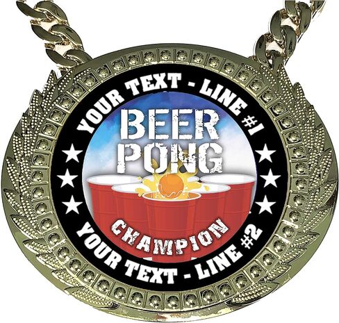 Express Medals Custom Beer Pong Champ Chain Trophy with 2 Lines of Personalized Text on a Large Rigid Plastic Award Medal and 34 Inch Long Gold Color Neck Chain. Beerpong in Saudi Arabia