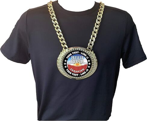 Express Medals Custom Beer Pong Champ Chain Trophy with 2 Lines of Personalized Text on a Large Rigid Plastic Award Medal and 34 Inch Long Gold Color Neck Chain. Beerpong in Saudi Arabia