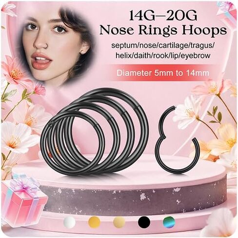 D.Bella Hinged Nose Rings Hoop 316L Surgical Steel Hypoallergenic Septum Ring Lip Ring Helix Cartilage Rook Earrings Body Piercing Jewelry 14G 16G 18G 20G, Diameter 5mm to 14mm in Saudi Arabia