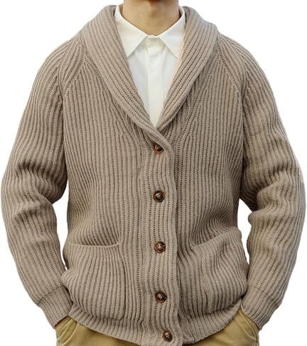 Mens Shawl Collar Knitted Cardigan Men Button Down Open Front Ribbed Knit Sweater Khaki Knitwear with Pocket in Saudi Arabia