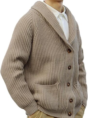 Mens Shawl Collar Knitted Cardigan Men Button Down Open Front Ribbed Knit Sweater Khaki Knitwear with Pocket in Saudi Arabia