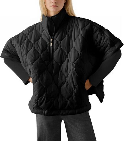 Fazortev Women's Quilted Puffer Jackets Oversized Lightweight Down Coat Half Sleeve Zipper Loose Button Hem Poncho in Saudi Arabia