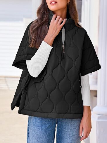 Fazortev Women's Quilted Puffer Jackets Oversized Lightweight Down Coat Half Sleeve Zipper Loose Button Hem Poncho in Saudi Arabia