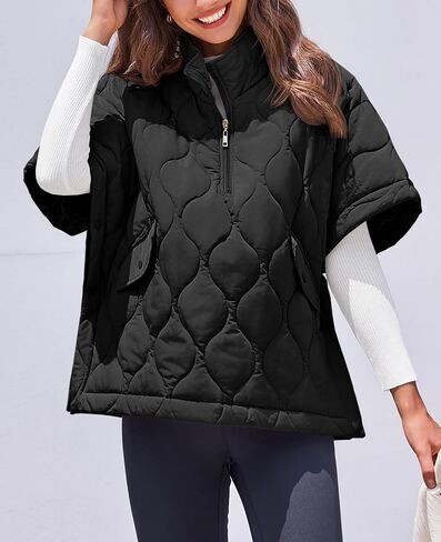 Fazortev Women's Quilted Puffer Jackets Oversized Lightweight Down Coat Half Sleeve Zipper Loose Button Hem Poncho in Saudi Arabia