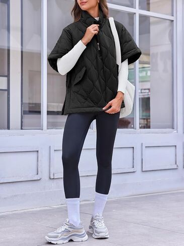 Fazortev Women's Quilted Puffer Jackets Oversized Lightweight Down Coat Half Sleeve Zipper Loose Button Hem Poncho in Saudi Arabia