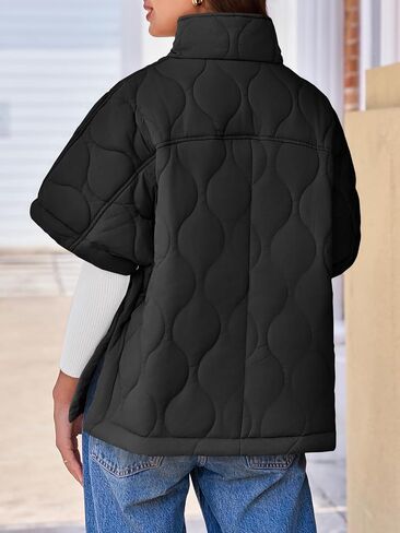 Fazortev Women's Quilted Puffer Jackets Oversized Lightweight Down Coat Half Sleeve Zipper Loose Button Hem Poncho in Saudi Arabia