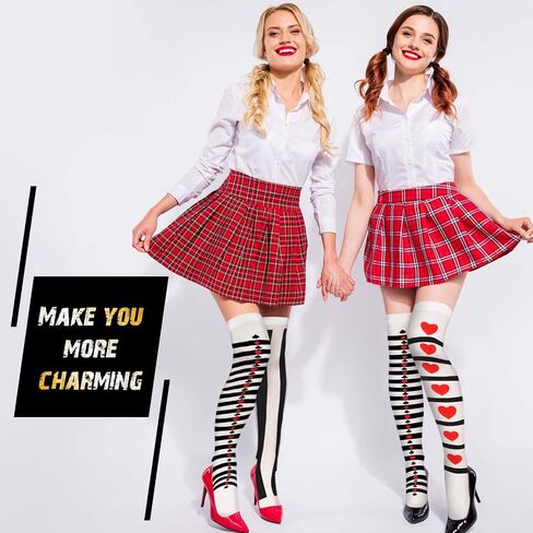 Geyoga 2 Pairs Women's Harlequin Thigh Highs Stockings for Halloween Costume Tight over Knee Stockings Casual Socks (Plum Bossom Style) in Saudi Arabia