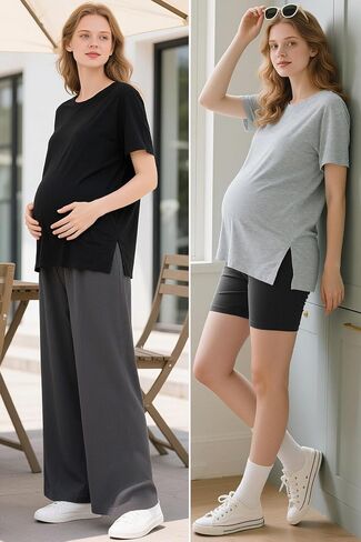 WOOXIO Women's Maternity Shirts Short Sleeve Split Hem Pregnancy Tops Clothes in Saudi Arabia