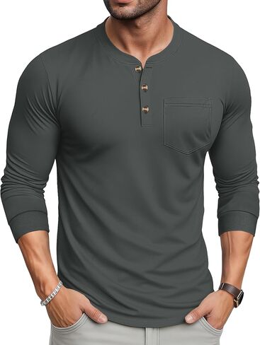 تي شيرت رجالي من MAGCOMSEN بأكمام طويلة من Henley تي شيرت بجيب تي شيرت للرجال من القطن Henley كاجوال بزر بلاكيت ملابس يومية in Kuwait