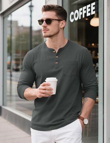 تي شيرت رجالي من MAGCOMSEN بأكمام طويلة من Henley تي شيرت بجيب تي شيرت للرجال من القطن Henley كاجوال بزر بلاكيت ملابس يومية in Kuwait