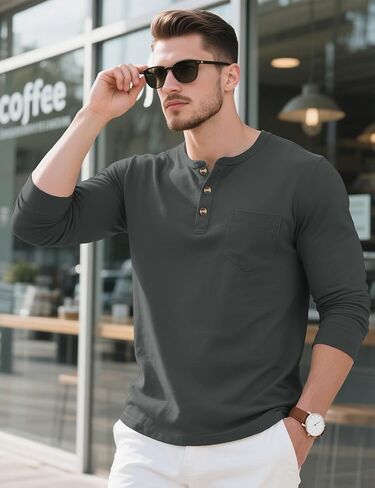 تي شيرت رجالي من MAGCOMSEN بأكمام طويلة من Henley تي شيرت بجيب تي شيرت للرجال من القطن Henley كاجوال بزر بلاكيت ملابس يومية in Kuwait