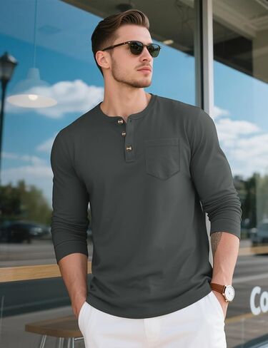 تي شيرت رجالي من MAGCOMSEN بأكمام طويلة من Henley تي شيرت بجيب تي شيرت للرجال من القطن Henley كاجوال بزر بلاكيت ملابس يومية in Kuwait