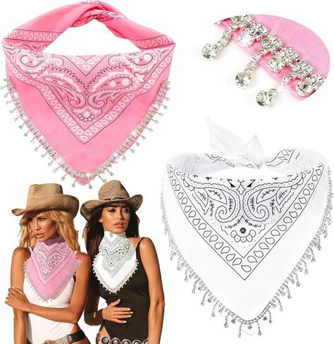 2 Pcs Disco Fringed Bandana Paisley Bandanas Cowgirl Bachelorette Rhinestones Tassel Bandanas for cowgirl party Disco Party Carnivals Music Festival in Kuwait