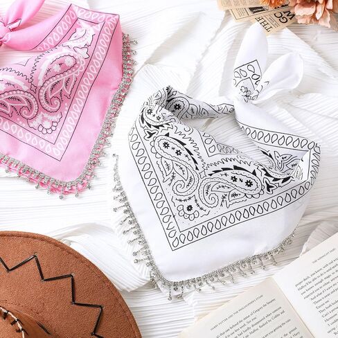 2 Pcs Disco Fringed Bandana Paisley Bandanas Cowgirl Bachelorette Rhinestones Tassel Bandanas for cowgirl party Disco Party Carnivals Music Festival in Kuwait