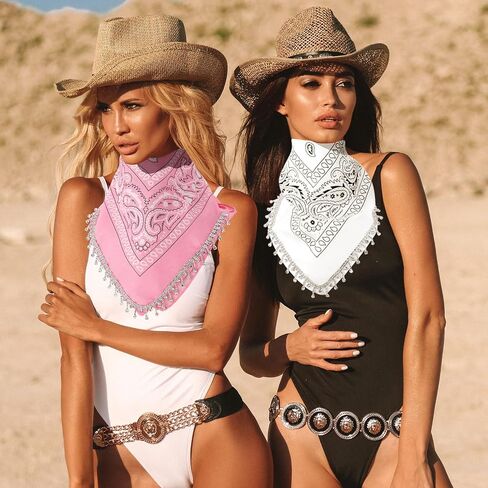 2 Pcs Disco Fringed Bandana Paisley Bandanas Cowgirl Bachelorette Rhinestones Tassel Bandanas for cowgirl party Disco Party Carnivals Music Festival in Kuwait