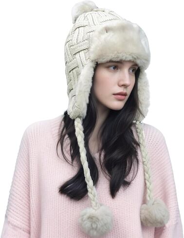 PENINSULA LOVE Women Peruvian Trapper Hat Faux Fur Russian Hat Earflap Ushanka Eskimo Hat Winter Knitted Hat with Pompom in Saudi Arabia
