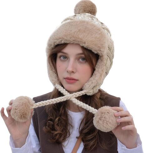 PENINSULA LOVE Women Peruvian Trapper Hat Faux Fur Russian Hat Earflap Ushanka Eskimo Hat Winter Knitted Hat with Pompom in Saudi Arabia