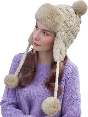 PENINSULA LOVE Women Peruvian Trapper Hat Faux Fur Russian Hat Earflap Ushanka Eskimo Hat Winter Knitted Hat with Pompom in Saudi Arabia