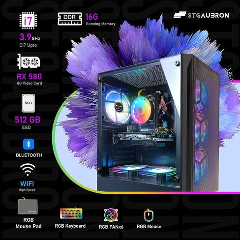 كمبيوتر مكتبي للالعاب من اس تي جي اوبرون بمعالج انتل كور I7 3.4GHz حتى 3.9GHz وRAM 16G وSSD 512G راديون RX 580 8G GDDR5 وواي فاي وبلوتوث 5.0 ومروحة RGB وكيبورد وماوس وقاعدة ماوس، W10H64 in Saudi Arabia