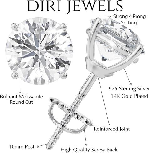 Moissanite Stud Earrings, 0.5ct-3ct D color VVS1 Clarity Round Brilliant Cut Lab Grown Diamond Moissanite 14K White Gold Plated 925 Sterling Silver Moissanite Earrings in Kuwait