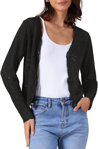 زر Allegra K Long Sleeve Long Women أسفل سترة متماسكة جوفاء خارج العنق. in Saudi Arabia