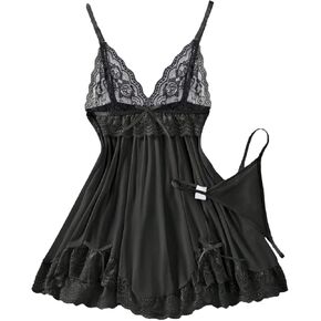 OYOANGLE Women's 2 Piece Babydoll Lingerie Set Lace Mesh Chemise Nightgown and Thongs Sleepwear in Kuwait