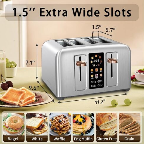 SEEDEEM 4 Slice Stainless Steel Toaster, 1.5" Wide Slots, Dark Metallic | Toaster 4 Slice, 6 Bread Type, 7 Shade Settings, 1.5'' Wide Slots, Cancel/Defrost/Reheat, Removable Crumb Tray, 1800W in Kuwait