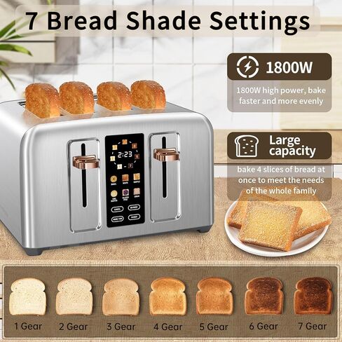 SEEDEEM 4 Slice Stainless Steel Toaster, 1.5" Wide Slots, Dark Metallic | Toaster 4 Slice, 6 Bread Type, 7 Shade Settings, 1.5'' Wide Slots, Cancel/Defrost/Reheat, Removable Crumb Tray, 1800W in Kuwait