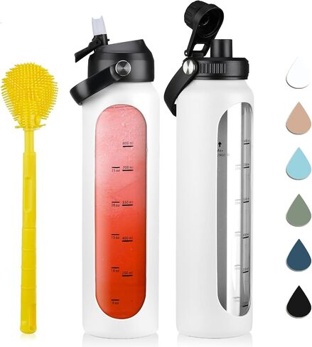 32 oz Glass Water Bottles with 2 Lids-Handle Spout Lid & Straw Lid 1 Liter Motivational Borosilicate Water Bottle with Silicone Sleeve and Time Marker,Leakproof in Saudi Arabia