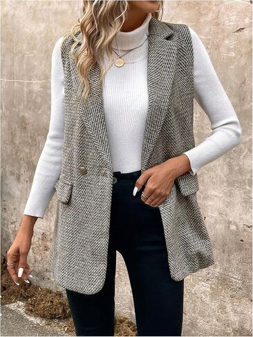 سترة نسائية طويلة من MakeMeChic ذات صدر مزدوج وأزرار أمامية وياقة على شكل طية صدر بدون أكمام ملابس خارجية in Kuwait