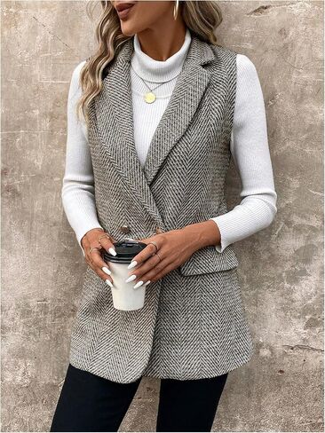 سترة نسائية طويلة من MakeMeChic ذات صدر مزدوج وأزرار أمامية وياقة على شكل طية صدر بدون أكمام ملابس خارجية in Kuwait