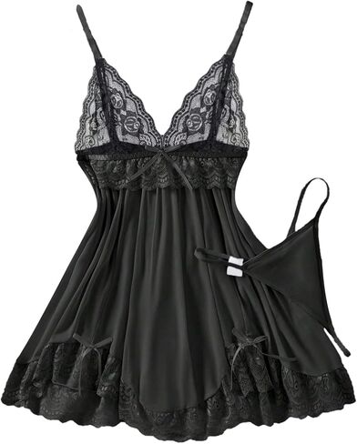 OYOANGLE Women's 2 Piece Babydoll Lingerie Set Lace Mesh Chemise Nightgown and Thongs Sleepwear in Saudi Arabia