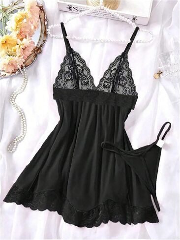 OYOANGLE Women's 2 Piece Babydoll Lingerie Set Lace Mesh Chemise Nightgown and Thongs Sleepwear in Saudi Arabia