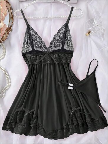 OYOANGLE Women's 2 Piece Babydoll Lingerie Set Lace Mesh Chemise Nightgown and Thongs Sleepwear in Saudi Arabia