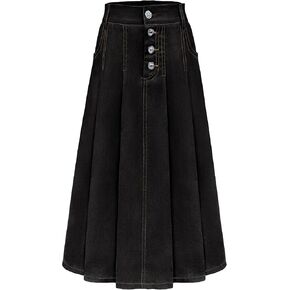 LIONJIE Girls Casual Denim Skirt Midi Pleated Buttons A-Line Over-Knee with Pocket 3-12Years in Saudi Arabia