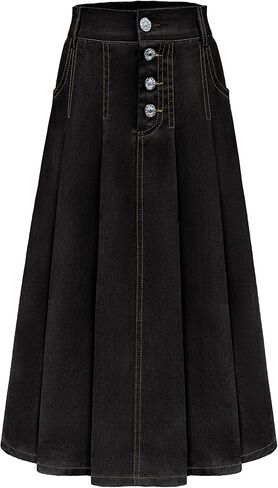 LIONJIE Girls Casual Denim Skirt Midi Pleated Buttons A-Line Over-Knee with Pocket 3-12Years in Kuwait
