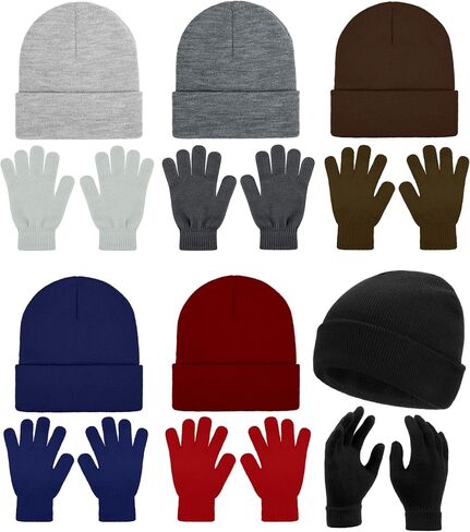 URATOT 12 Pack Gloves and Beanies Magic Gloves and Knit Beanies Hats Winter Warm Gloves Hat for Men Women in Kuwait