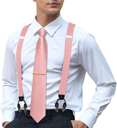 Hi-Tie Men's Suspender and Tie Set Adjustable Y Braces Pocket Square Set 6 Clips for Wedding Prom in Saudi Arabia