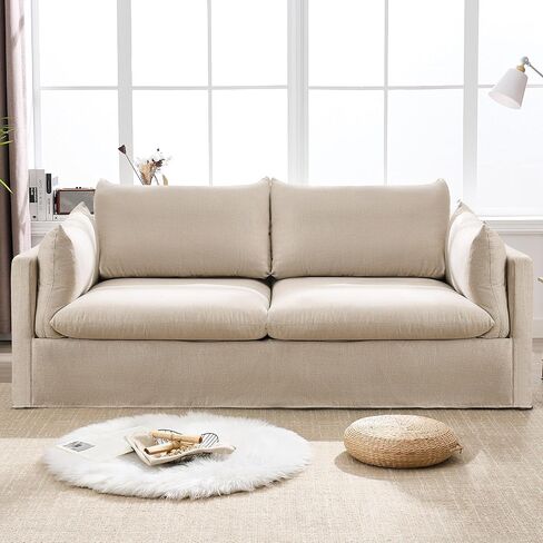 Modern Slipcover 3-Seater Sofa, 81.3 inch Living Room Couch, Light Gray Linen Fabric in Saudi Arabia