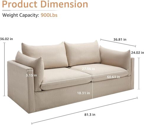 Modern Slipcover 3-Seater Sofa, 81.3 inch Living Room Couch, Light Gray Linen Fabric in Saudi Arabia