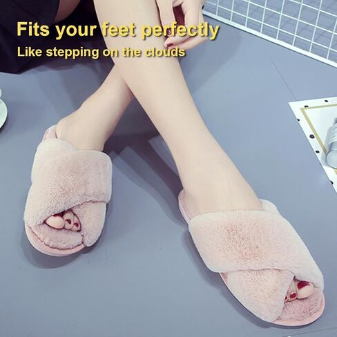 LZLER Women’s Cross Band Slippers, Soft Plush Fleece Lightweight Non Slip Open Toe Flip Flop Shoes House Indoor Outdoor Fur Fuzzy Slippers in Kuwait