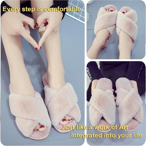 LZLER Women’s Cross Band Slippers, Soft Plush Fleece Lightweight Non Slip Open Toe Flip Flop Shoes House Indoor Outdoor Fur Fuzzy Slippers in Kuwait
