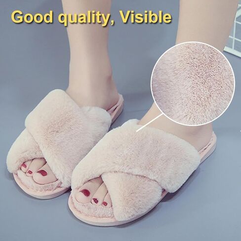 LZLER Women’s Cross Band Slippers, Soft Plush Fleece Lightweight Non Slip Open Toe Flip Flop Shoes House Indoor Outdoor Fur Fuzzy Slippers in Kuwait