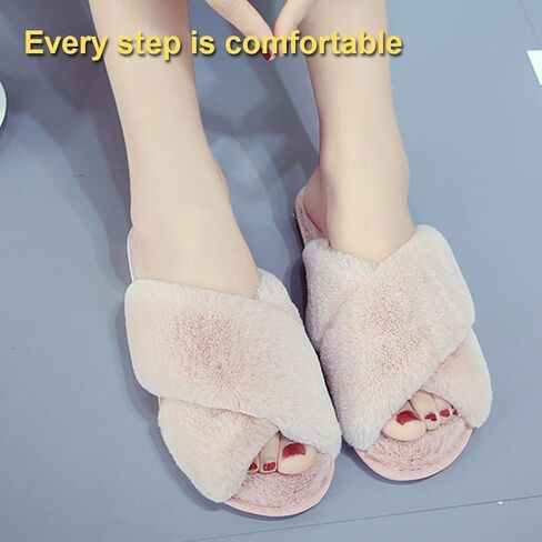 LZLER Women’s Cross Band Slippers, Soft Plush Fleece Lightweight Non Slip Open Toe Flip Flop Shoes House Indoor Outdoor Fur Fuzzy Slippers in Kuwait