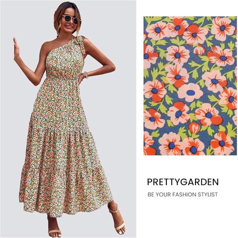 فستان صيفي نسائي من PRETTYGARDEN موضة 2023 بعقدة وكتف واحد بدون أكمام وحاشية مكشكشة فساتين ماكسي بوهو واسعة in Kuwait